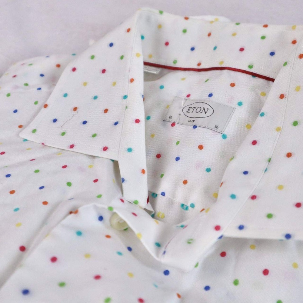 Eton Slim Fit Dress Shirt Mens 16 41 White Multicolor Polka Dot Long Sleeve